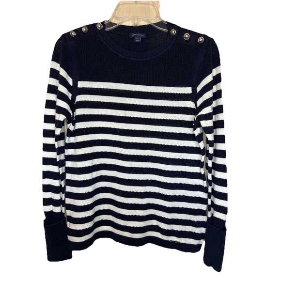 Tommy Hilfiger Navy Blue Stripe Crewneck Sweater Gold Buttons Sz Large Preppy - Picture 1 of 9